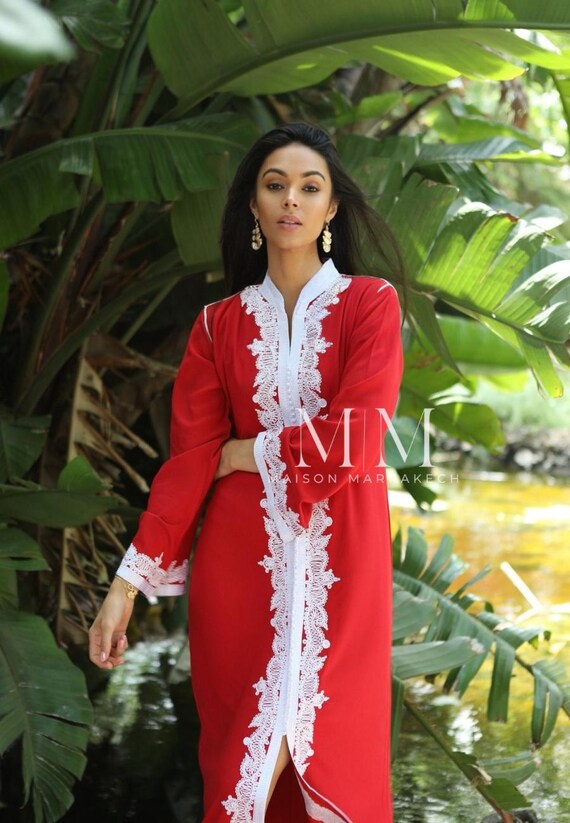 Spring Summer Kaftan Red & White kaftan Maxi Dress-Karima-lounge kaftan,beach kaftan, resort dress,home dress,holiday dress,cosy dress,Eid