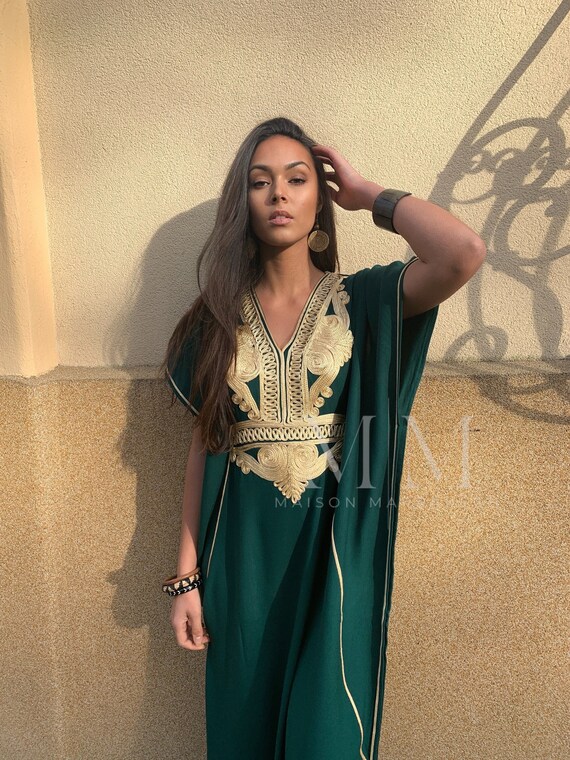 Spring Kaftan Dress Moroccan Green Gold Beach Caftan-beach cover up, resortwear wear,home dress wear, birthday, wedding gifts, brides kaftan