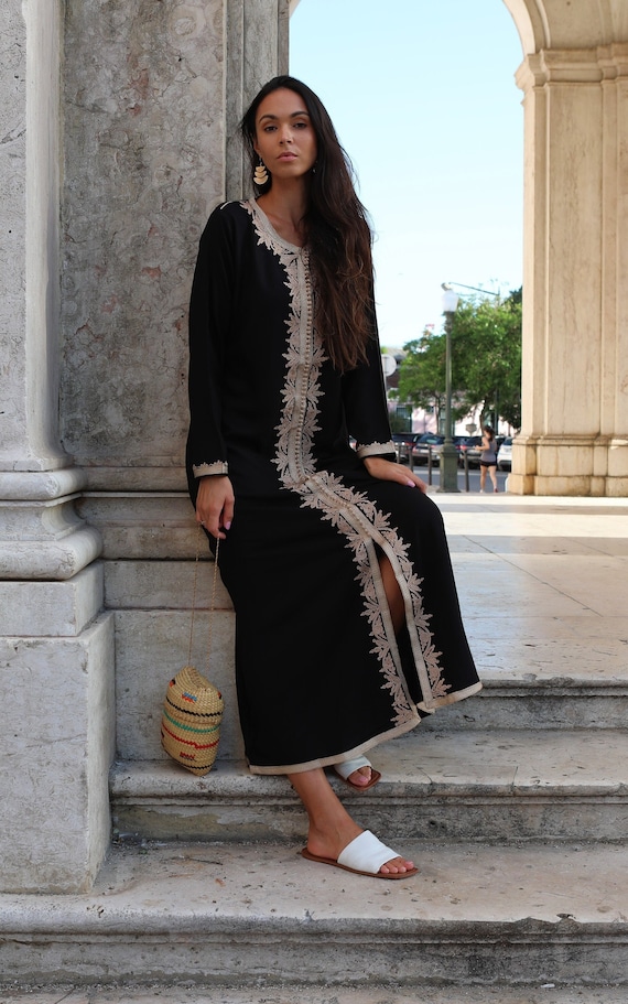 Spring Summer Kaftan Clothing Black & Beige kaftan Maxi Dress- Karima-loungewear, dress, lounge kaftan, gift for her,home dress,gift for her