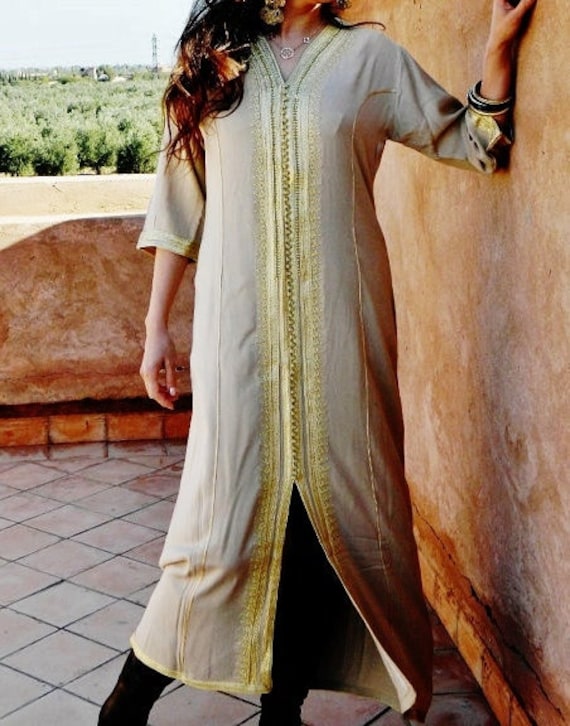 Spring Kaftan Beige with Golden Embroidery Caftan- Naima-loungewear,resortwear, Birthdays,Honeymoon, maternity gifts, beach, spa holiday,