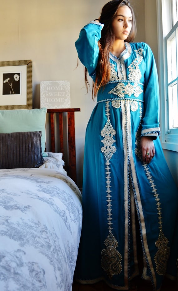 Spring Dress Moroccan Modern Turquoise Blue Embroidery Caftan - Etsy