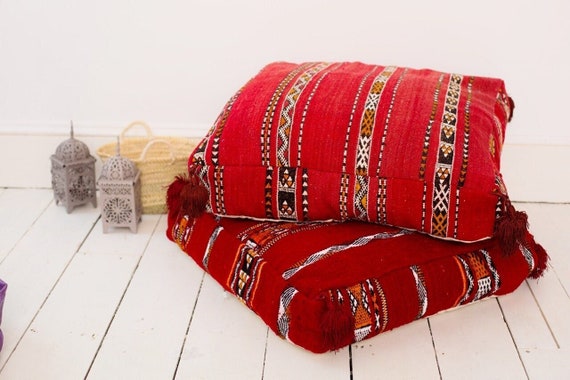 Romantic decor,Red Kilim Floor Pouf square Moroccan pouf,Red Berber pouffe, Floor cushion, Moroccan pouf,home gift, ramadan gift