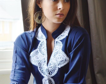 gifts- Navy Tunic with White Embroidery-Salma -birthday gifts, resort wear, casual wear, Spring fashion, gifts,beach kaftan, shirt,