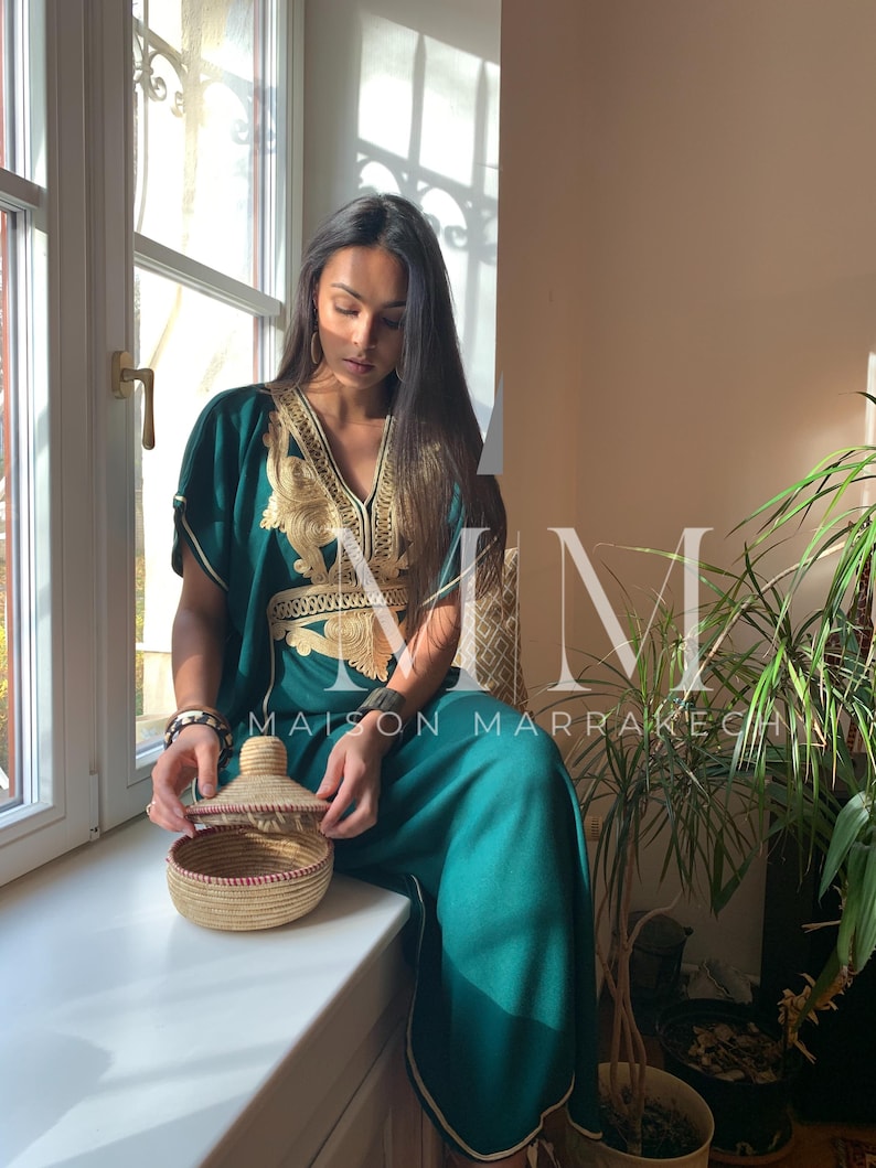 Etsy's Pick- Autumn Kaftan Dress Moroccan Green Gold Beach Caftan-beach cover up,resort dress,home dress,birthday,holiday dress, boho dress image 4