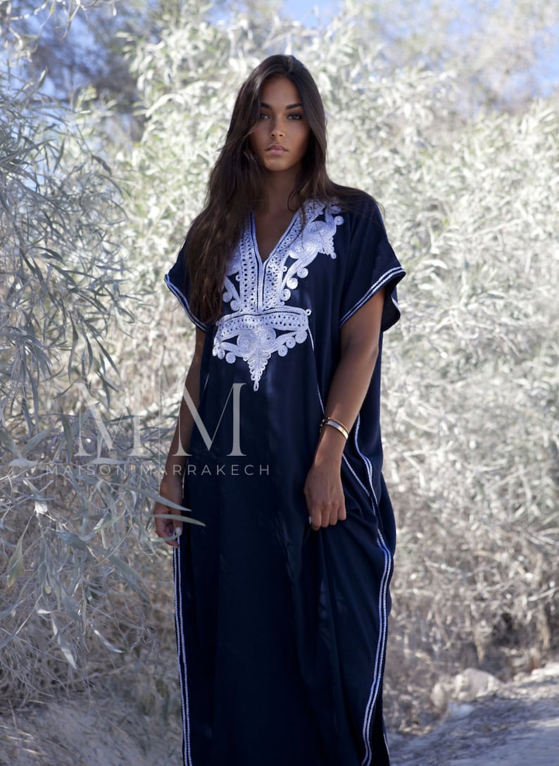 MM OriginalRobe caftan caftan bleu marine et argent bohème Marrakech, robe de plage, tenues de plage, tenues de villégiature, lounge, grandes tailles, cadeaux pour elle image 2