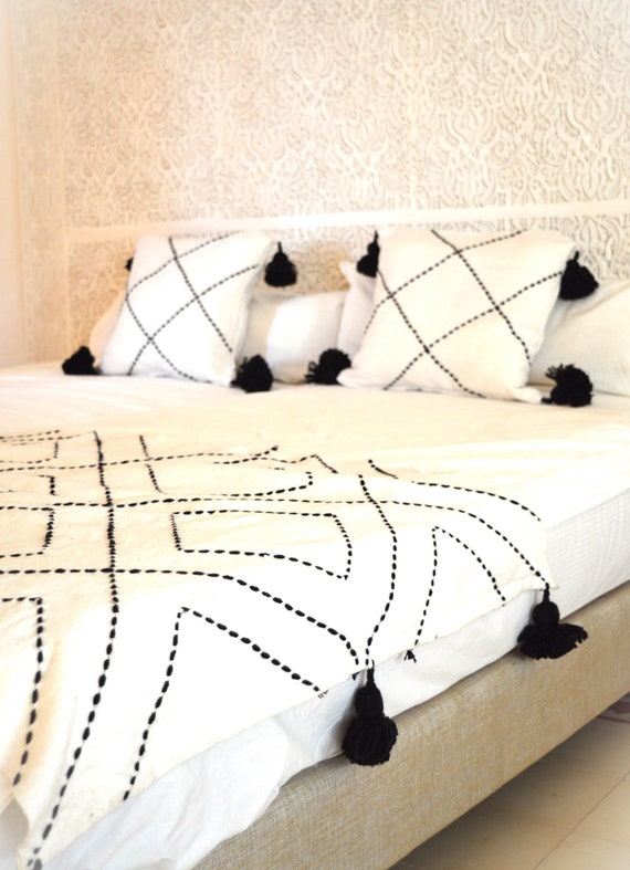 Moroccan white & black embroidered Blanket bed cover, Bed Spread,Wedding gift, Moroccan throw,Moroccan bedding, fall decors