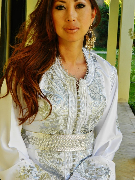 Moroccan Modern White Embroidery Caftan Kafan-Aziza- parities, moroccan parties, weddings,abbayas,  dress,,,,,Spring dress,,Gifts for her