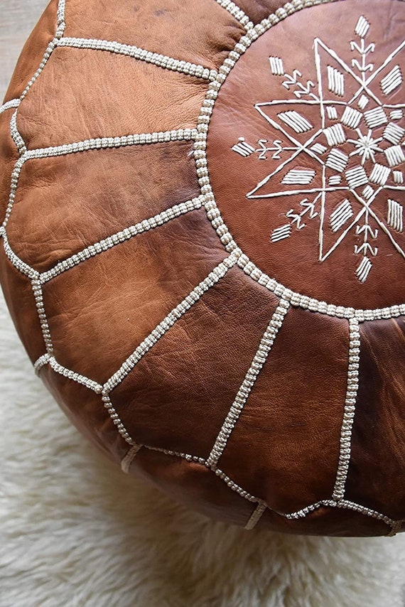 Bestseller/Spring Tan Brown Moroccan Leather Pouf -Home gifts,wedding gifts, foot stool, ottoman, cushion, tassels gift,Xmas giftsholiday