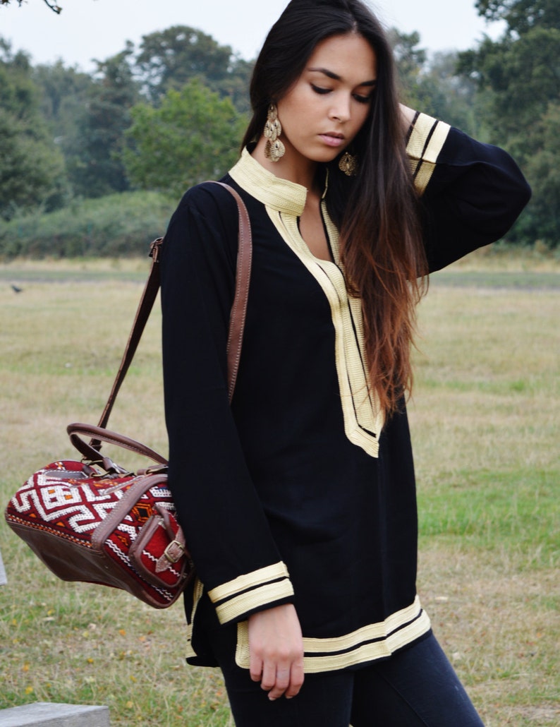 Spring Trendy Tunic Black with Golden Embroidery Mariam resort tunic,birthday gifts, black boho tunic, gifts for her, Ramadan gifts Ramadan image 3