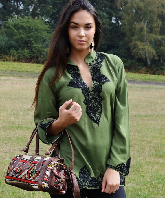 Moss Green Tunic with Black Embroidery-Salma Style-Perfect as birthday gifts, resort wear, casual wear, home tunic,gifts for her