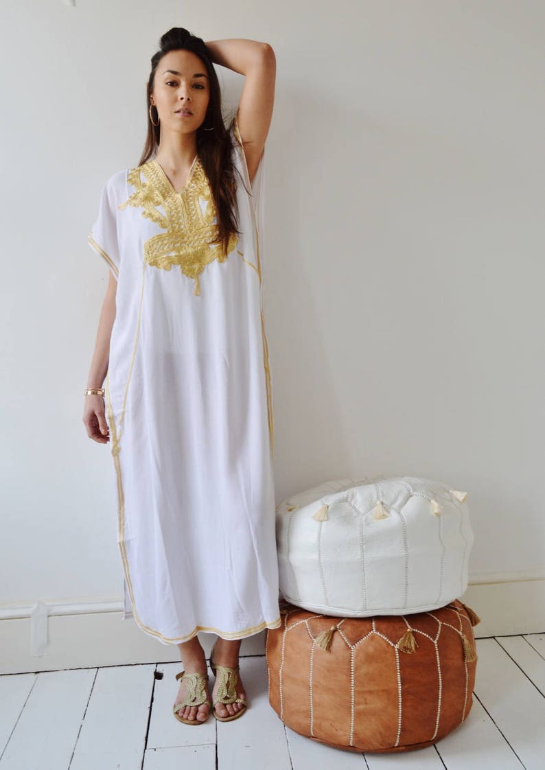 Spring White Kaftan Dress Kaftan Moroccan Resort Caftan Kaftan Marrakech-White Gold Embroidery, beach cover ups, resort , dress, , ,,, image 5