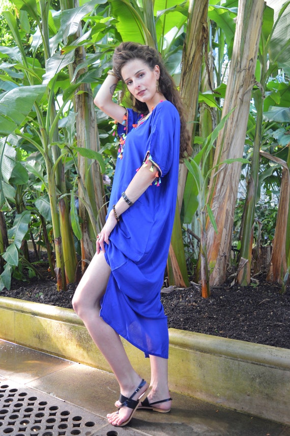 Blue Tassels Resort Caftan Kaftan -loungewear,as beachwear, beach cover ups, resort wear, gift  moms, , ,beach kaftan, gifts,,,Gifts for her