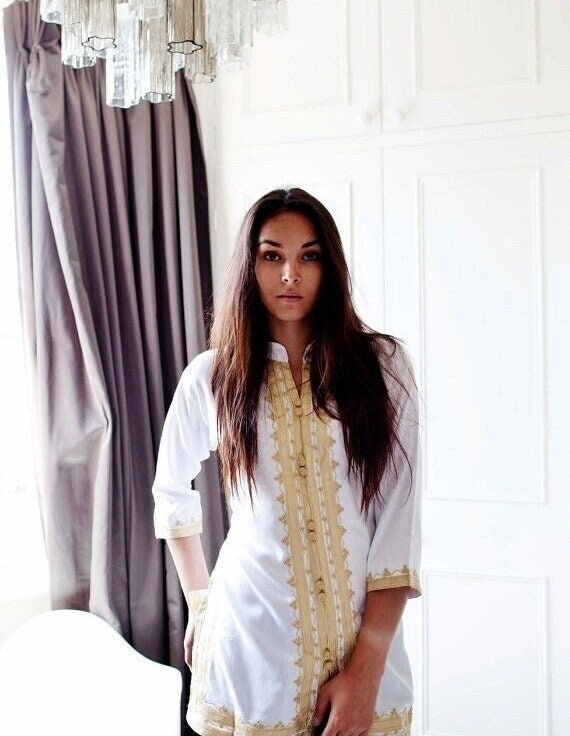 Summer White & Gold Brown Moroccan Tunic-birthday gifts, beach, resort wear, honeymoon gifts, bohemian, dress, Etsy's Pick,holiday,Eid,Eid