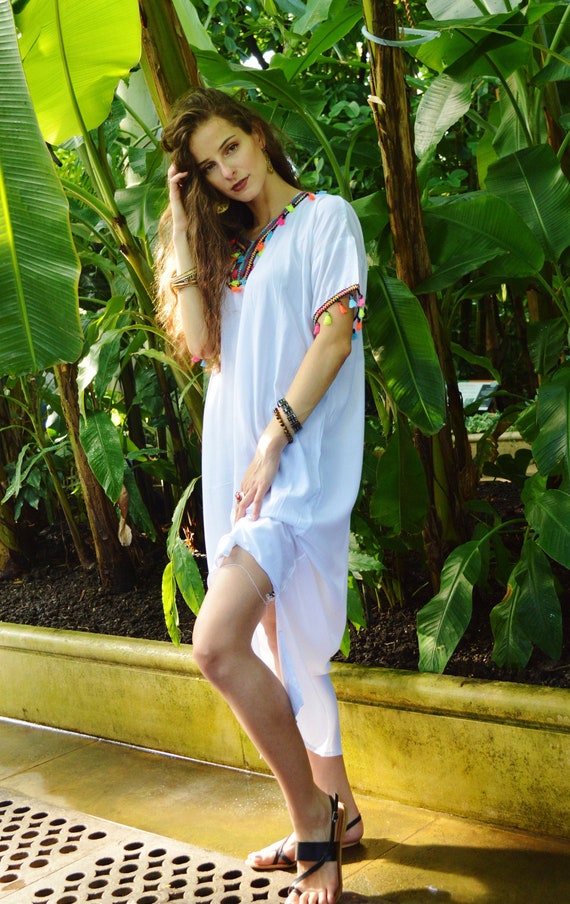 Summer White Tassels Resort Caftan Kaftan -loungewear, beachwear, beach cover ups, resort wear, gift  moms, , ,beach kaftan, gifts,holiday