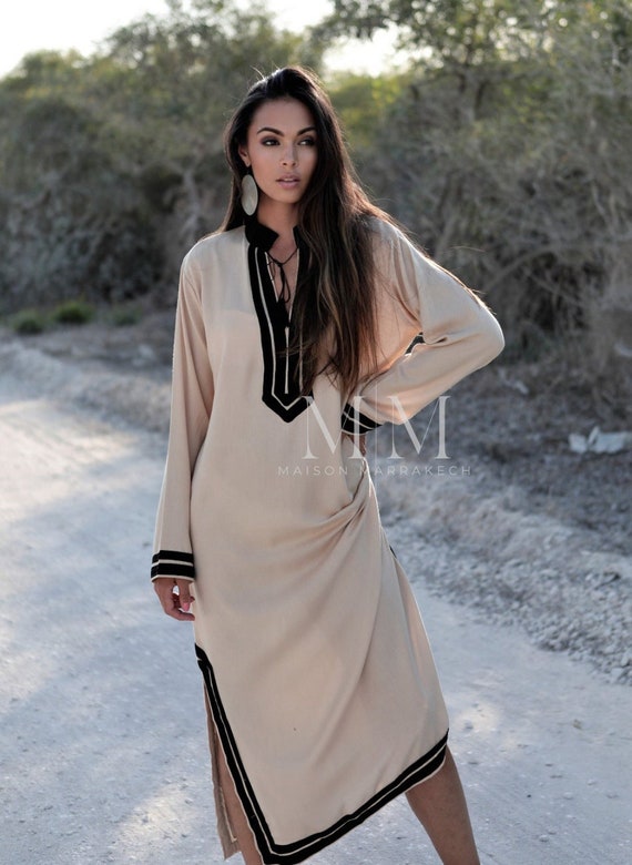 Spring Beige Black Mariam Resort Caftan Kaftan -resortwear, spa robe, dress, Birthdays,Maternity Gifts, loungewear, vacation, Gifts for her