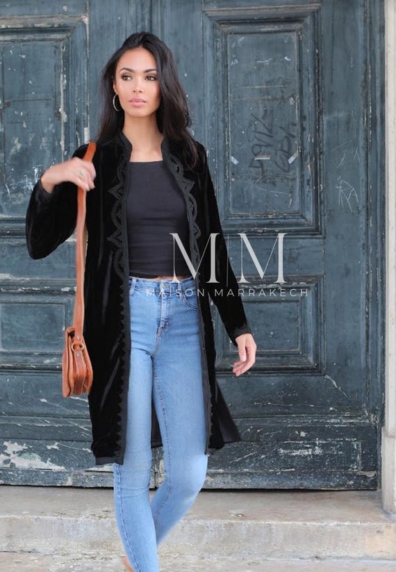 Winter Long BLACK Velvet Luxury Jacket with Embroidery-boho wear, birthday gifts, boho jacket, moroccan, gift for her,seasonal gift