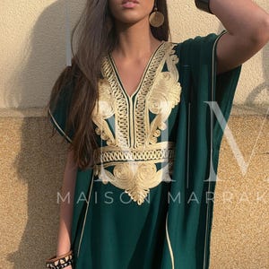 Etsy's Pick- Autumn Kaftan Dress Moroccan Green Gold Beach Caftan-beach cover up,resort dress,home dress,birthday,holiday dress, boho dress image 2