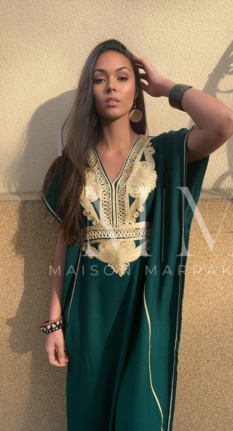 Etsy's Pick- Autumn Kaftan Dress Moroccan Green Gold Beach Caftan-beach cover up,resort dress,home dress,birthday,holiday dress, boho dress image 2