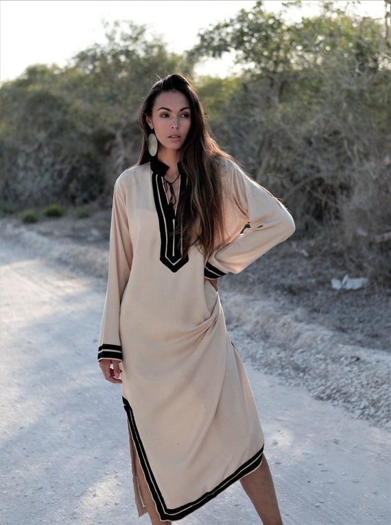 Spring Beige Black Mariam Resort Caftan Kaftan -resortwear, spa robe, dress, Birthdays,Maternity Gifts, loungewear, vacation, Gifts for her