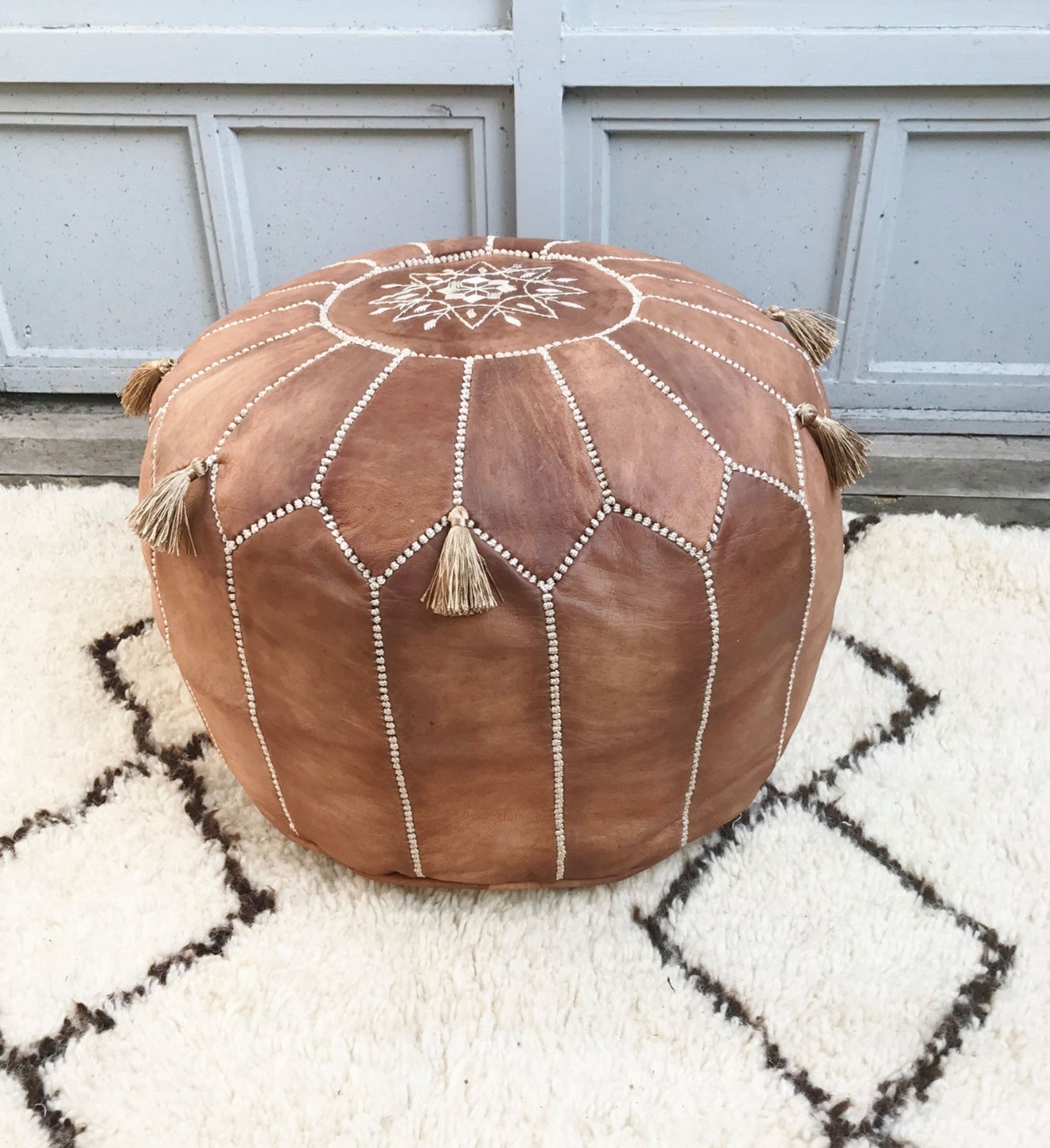 Tan Brown Moroccan Leather Pouf with Tassels & Pompoms Etsy