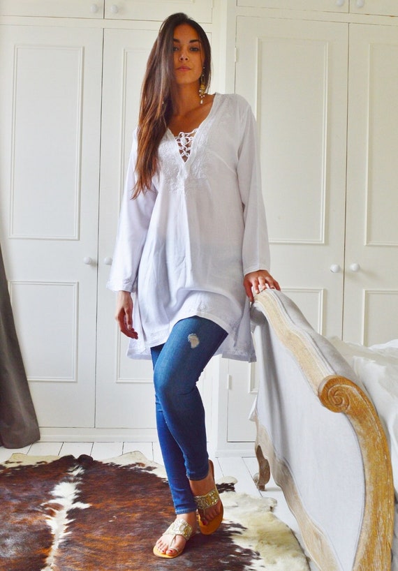 Spring Tunic Trend White Tunic Embroidered Dress-Karmia's Syle,  gifts, beach, resort, holiday, bohemian wear,beach kaftan gifts,Ramadan