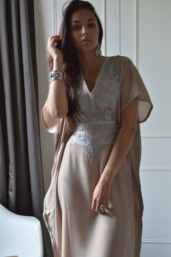 Spring Beige Kaftan Caftan Resortwear & Grey Embroidery - resortwear, Birthdays, Honeymoon gifts, dress,beach kaftan, lounge, holiday