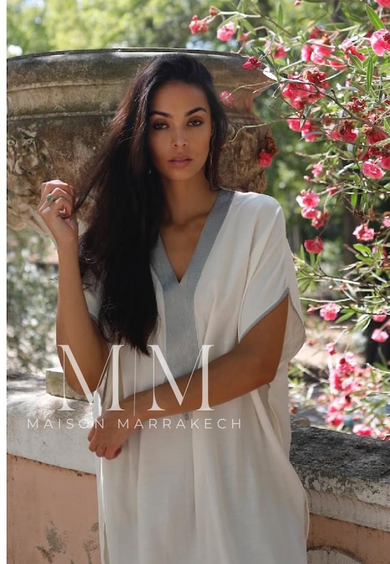 Summer White Silver Caftan Kaftan Gandora -Lounge dress,resort kaftan,beach kaftan,home dress,Gift for her,moroccan dress,summer dress,Eid
