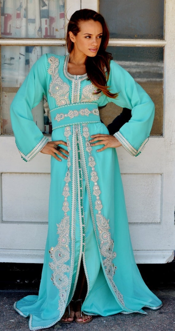 Moroccan Modern Mint Green Embroidery Caftan Kafan-Kalia-moroccan parties, weddings,abbayas, , ,  dress,,,,Spring dress,,Gifts for her