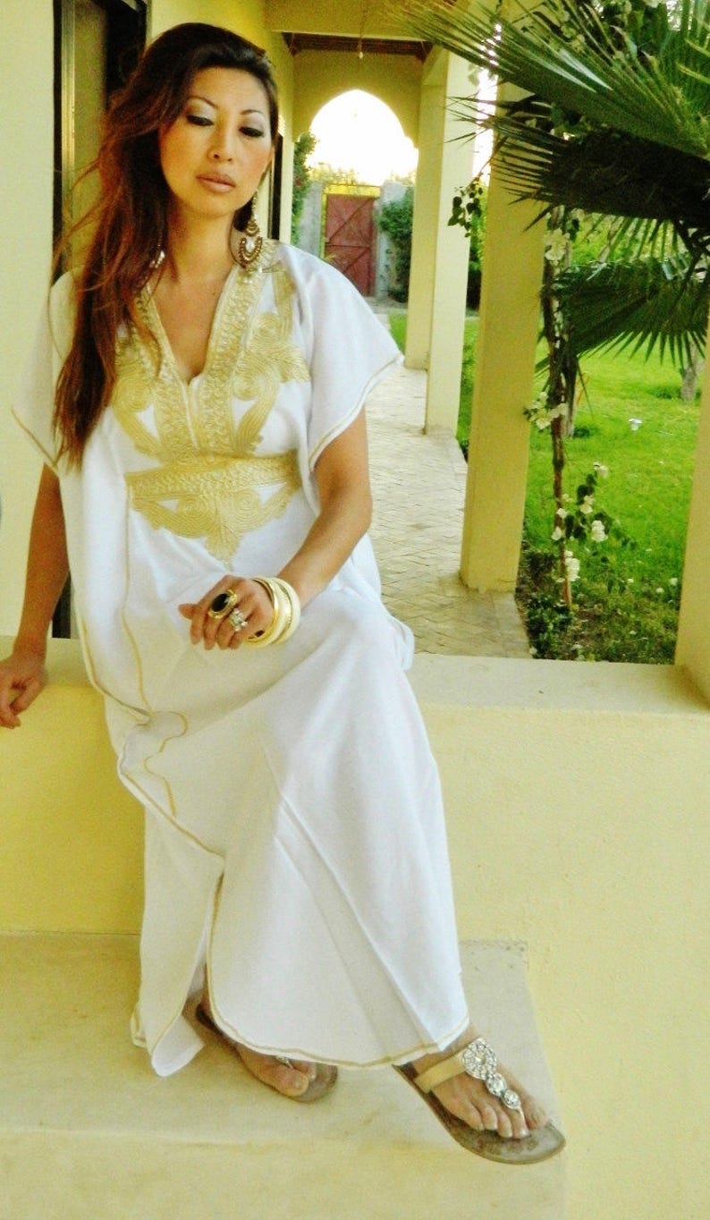 Spring White Kaftan Dress Kaftan Moroccan Resort Caftan Kaftan Marrakech-White Gold Embroidery, beach cover ups, resort , dress, , ,,, image 3