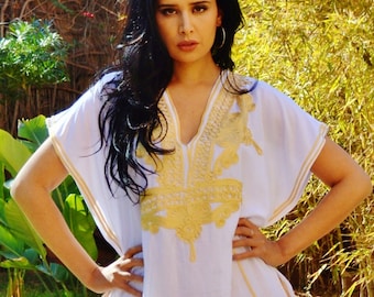 gifts, White Spring Kaftan, Dress, Resort Caftan Kaftan Marrakech - White Gold Embroidery,  beach cover ups, resortwear, lounge,