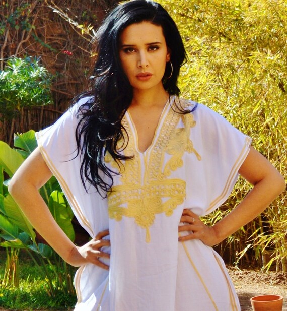 gifts, White Summer Kaftan, Dress, Resort Caftan Kaftan Marrakech - White Gold Embroidery,  beach cover ups, resortwear, lounge,,holiday,Eid