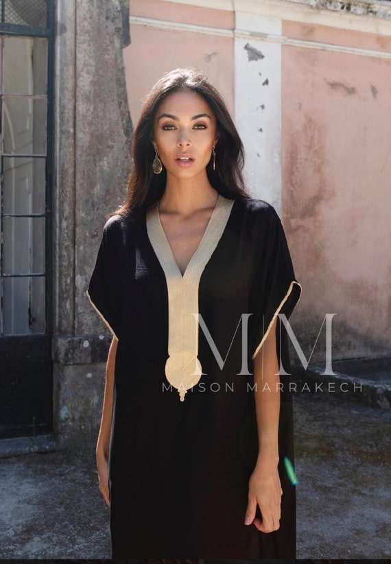 PREORDER-Summer Black Gold Caftan Kaftan Gandora -Lounge dress,resort kaftan,beach kaftan,home dress,Gift for her,moroccan holiday dress