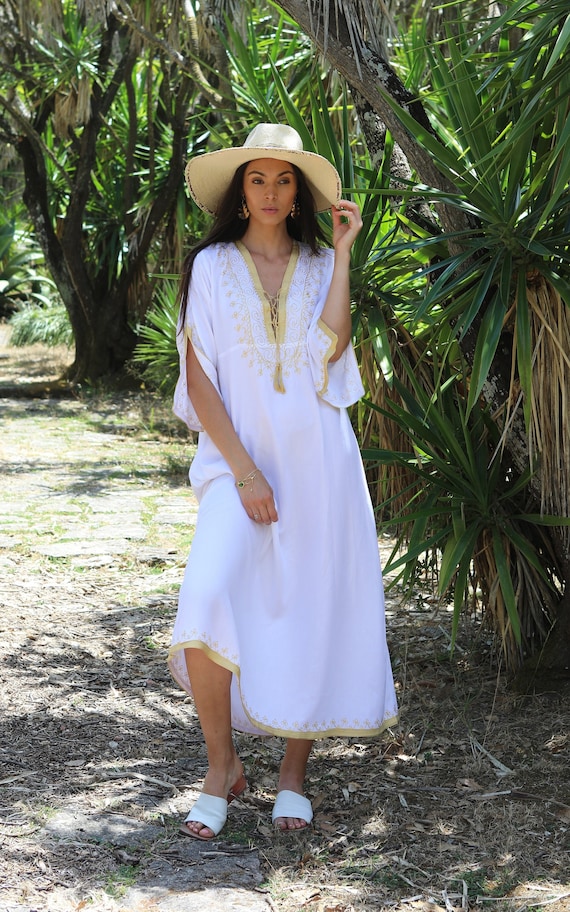 Spring White Gold Kaftan-Caftan,Lounge Dress, Nadia,Dress, Bohemian Clothing,home dress,home kaftan, boho gift, resort dress,  gift