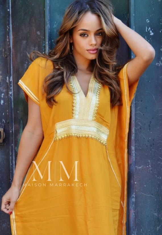 Etsy’s pick gift-Summer Caftan Kaftan,Yellow Marine Moroccan -beach cover ups, resortwear,vacation, home kaftan, loungewear,valentines day