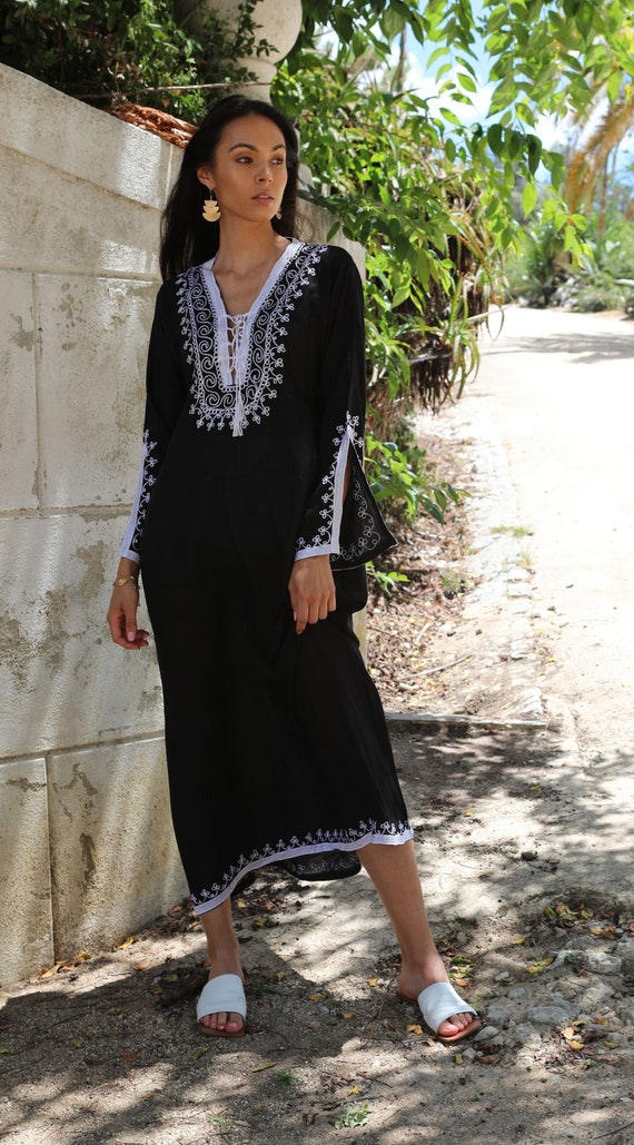 Spring Black White Kaftan-Caftan,Lounge Dress, Bohemian Clothing,home dress Dress, home kaftan, gift, resort dress, Gifts for her dress