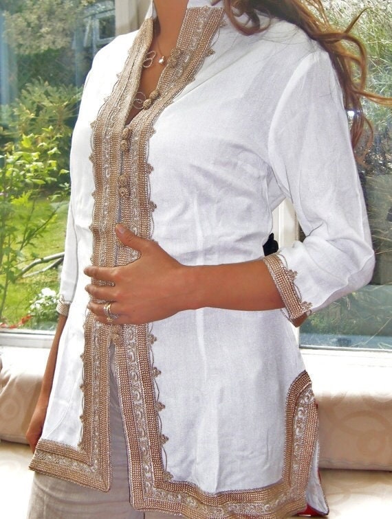 Summer Handmade White & Gold Brown Moroccan Tunic, White Shirt, Embroidered Tunic, Moroccan Shirt, Birthday gifts, ,,  Gifts,Summer dress