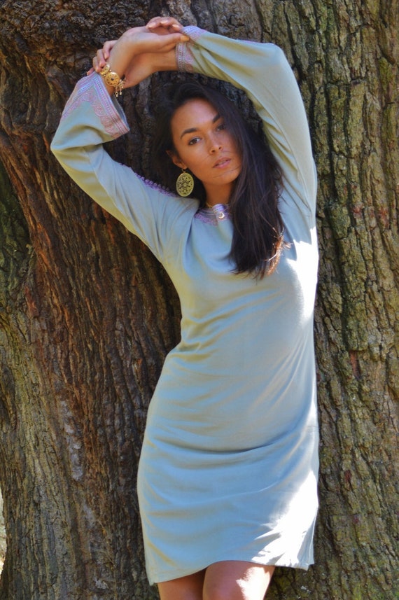 Grey Lilac Trumpet Sleeve Tunic Dress-Latishia -  holiday gifts ,  Gifts  her, boho dress, moroccan, women's dress,beach kaftan,,,,holiday