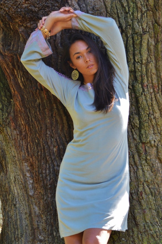 Grey Lilac Trumpet Sleeve Tunic Dress-Latishia -  holiday gifts ,  Gifts  her, boho dress, moroccan, women's dress,beach kaftan,,,