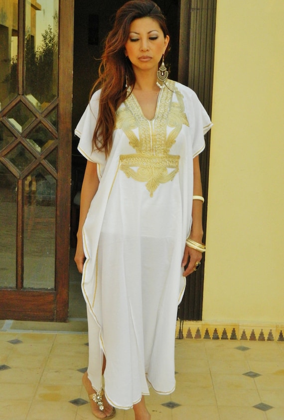 gifts, White Spring Kaftan, Dress, Resort Caftan Kaftan Marrakech - White Gold Embroidery,  beach cover ups, resortwear, lounge,