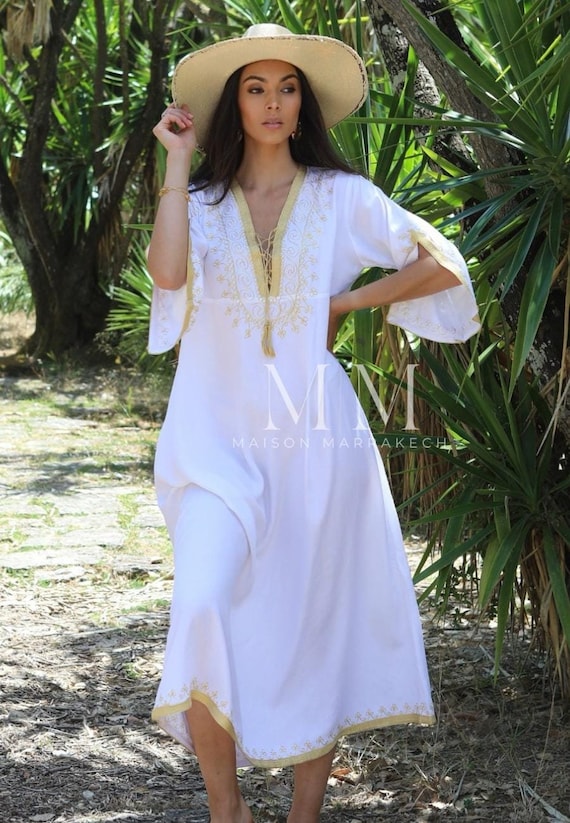 Summer White Gold Kaftan-Caftan,Lounge Dress,Bohemian,home dress,home dress,holiday dress,valentines day gift,gift for her,Eid,Eid