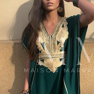 Etsy's Pick- Autumn Kaftan Dress Moroccan Green Gold Beach Caftan-beach cover up,resort dress,home dress,birthday,holiday dress, boho dress image 5