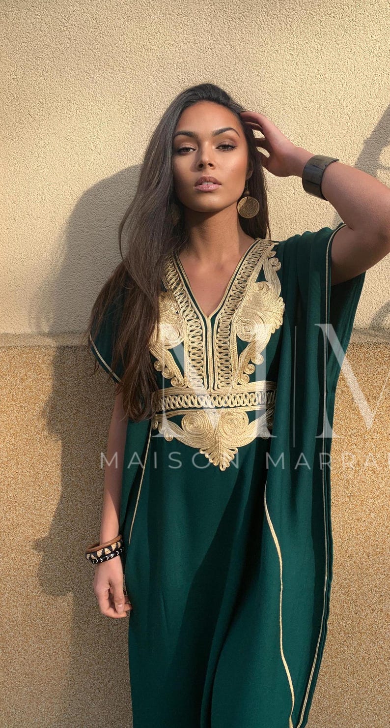 Etsy's Pick- Autumn Kaftan Dress Moroccan Green Gold Beach Caftan-beach cover up,resort dress,home dress,birthday,holiday dress, boho dress image 5