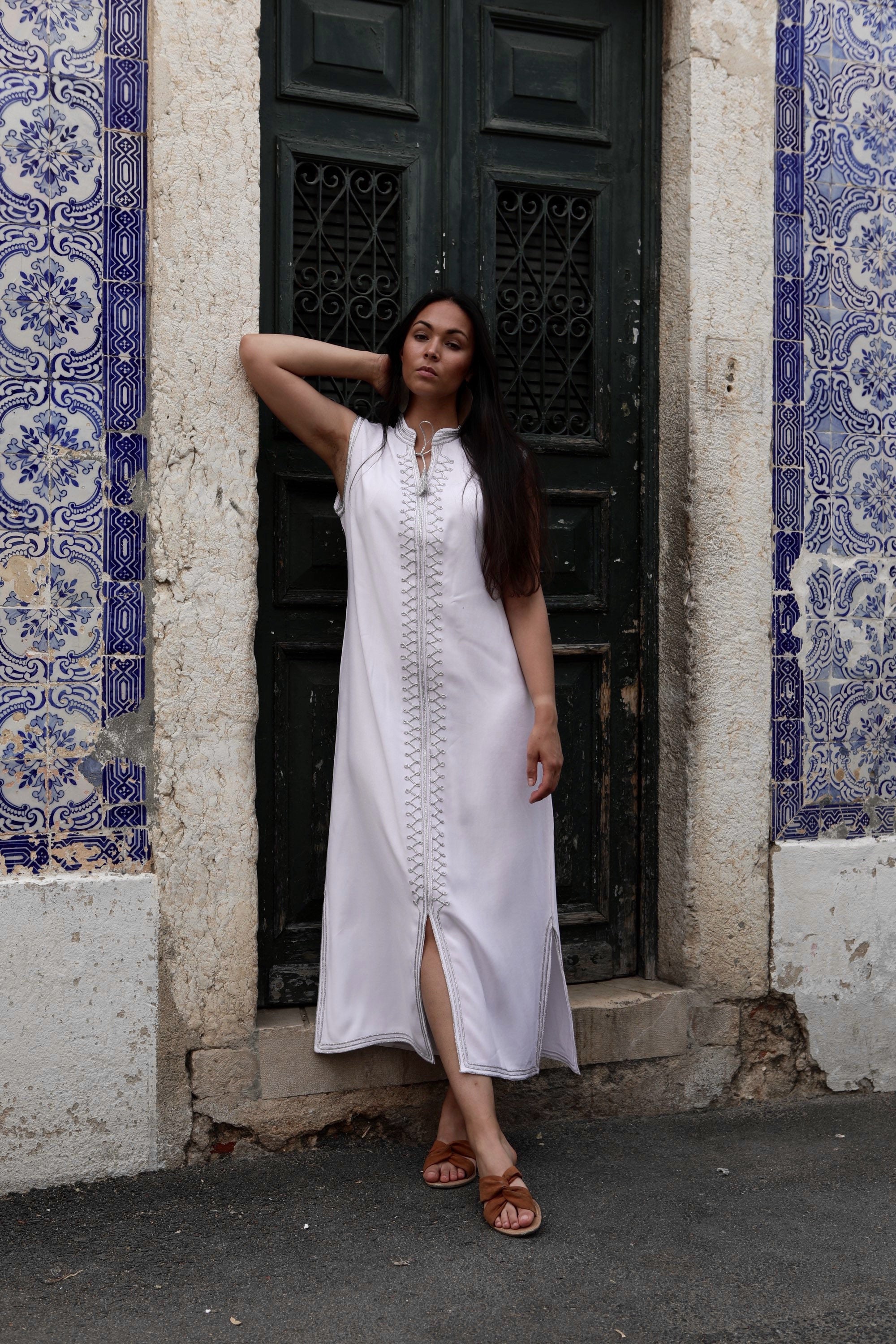 white and silver kaftan