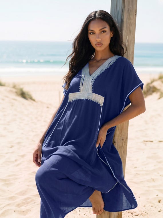 Blue Cotton Rayon Maxi Caftan Dress, Beach Resort Bohemian Style, Holiday Dress