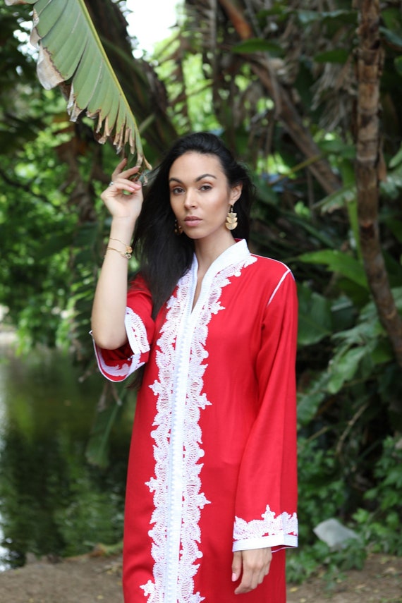 Spring Red & White Moroccan kaftan caftan Maxi Dress- Karima-loungewear,home dress, beach dress, resort dress, party dress,ramadan dress