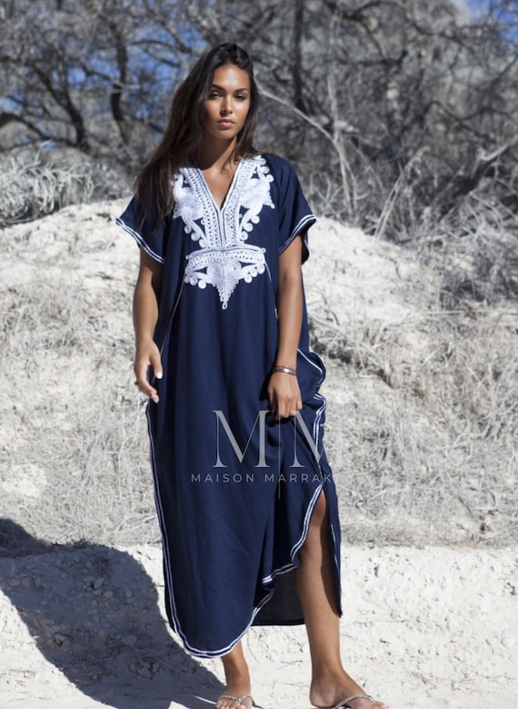 Spring Navy Blue with Silver Boho Marrakech Resort Caftan Kaftan-beach cover ups, resortwear,loungewear, honeymoon, maternity gift,