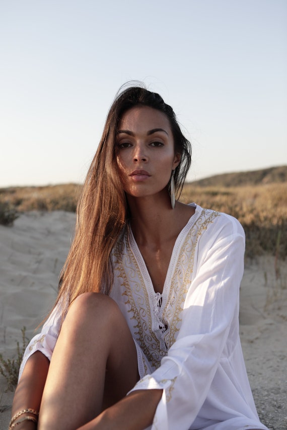 Summer Dress White & Gold Tunic Embroidered Dress-Karmia's Syle,dress,beach kaftan, holiday dress, home dress,resort kafftan,gift for her