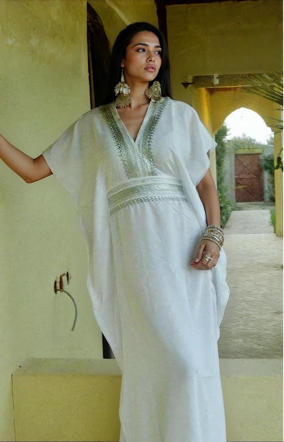 Spring Summer White Silver Resort Caftan Marine - beach kaftan, maternity wear, honeymoon, birthday gifts  her, dress,beach kaftan,gift Eid