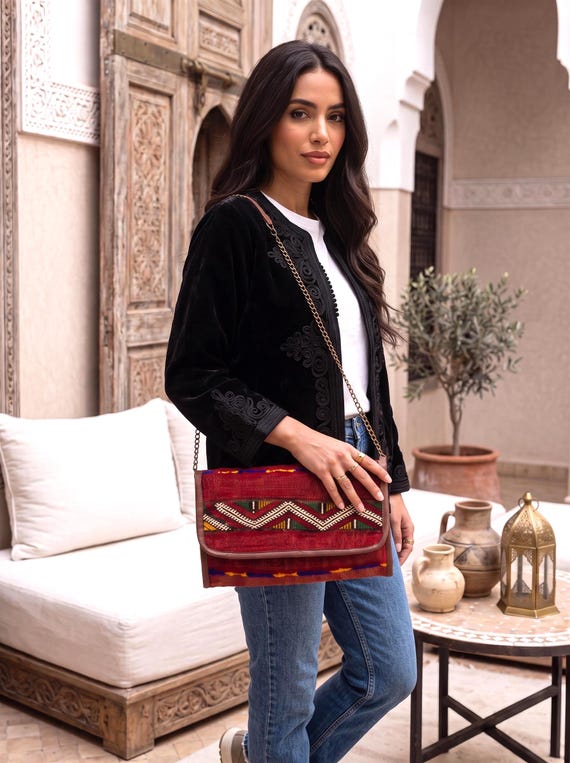 Autumn Fall Moroccan Red Kilim Hand Clutch with Shoulder Straps Berber style bag, handbag,purse, gifts for her,holiday gifts,boho trendy bag