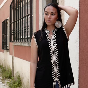 Black &White Tunic Zizi Embroidery Moroccan tunic, beach wedding,stayhome wear, shirt, blouse, holiday tunic, birthday gifts,,Gifts for her image 2
